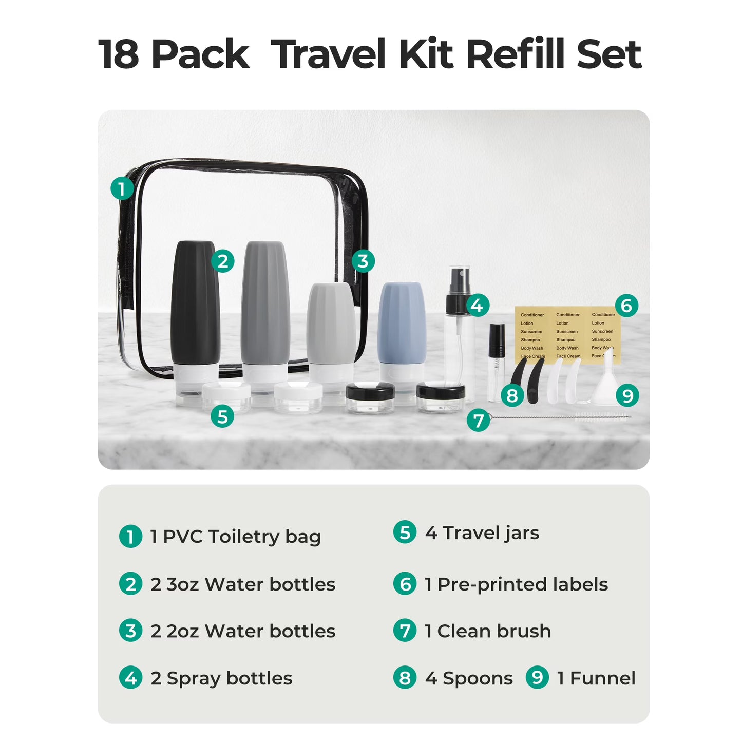 BAGSMART 18-Piece TSA Approved Travel Bottles & Toiletry Containers Set