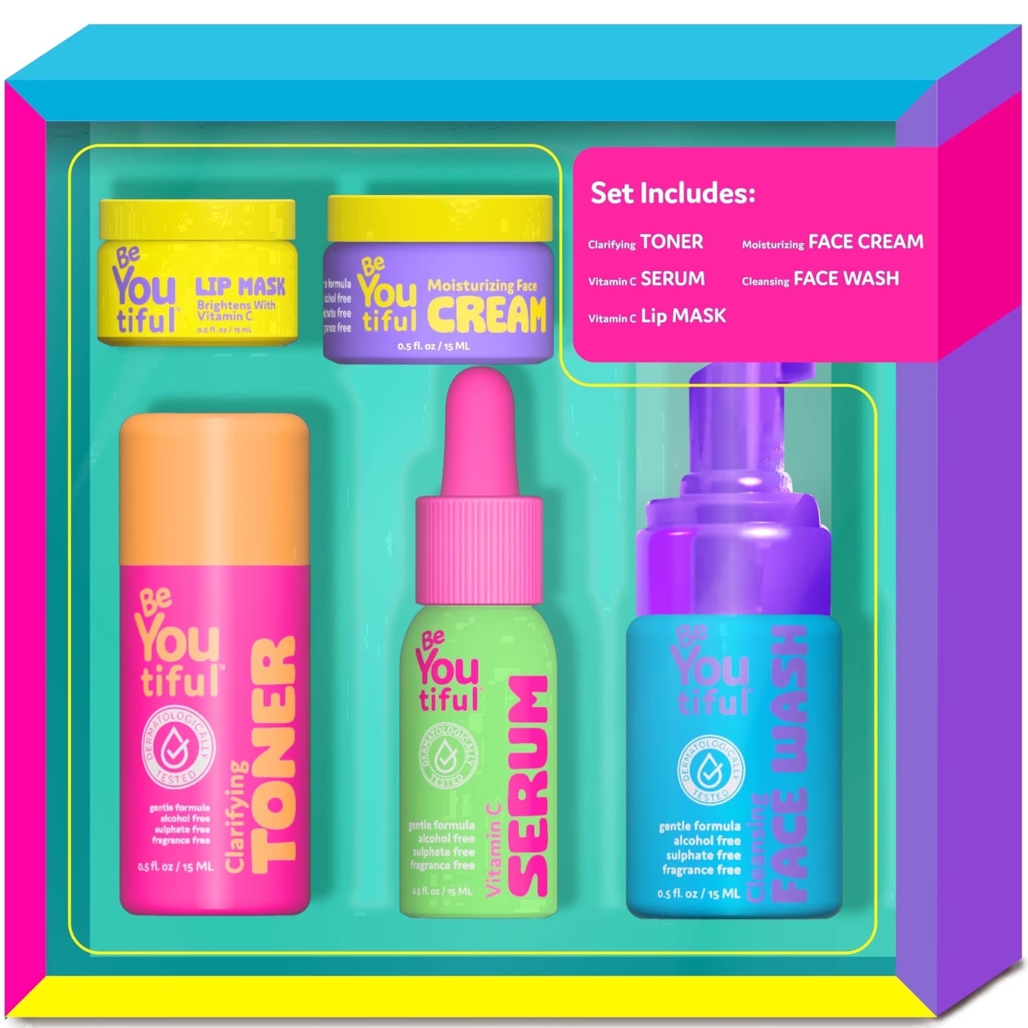 BeYoutiful 5-Piece Teen Skincare Gift Set – Face Wash, Toner, Serum, Moisturizer & Lip Mask