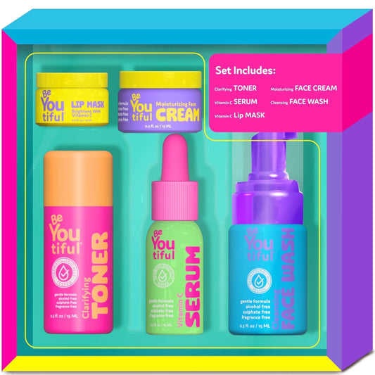 BeYoutiful 5-Piece Teen Skincare Gift Set – Face Wash, Toner, Serum, Moisturizer & Lip Mask